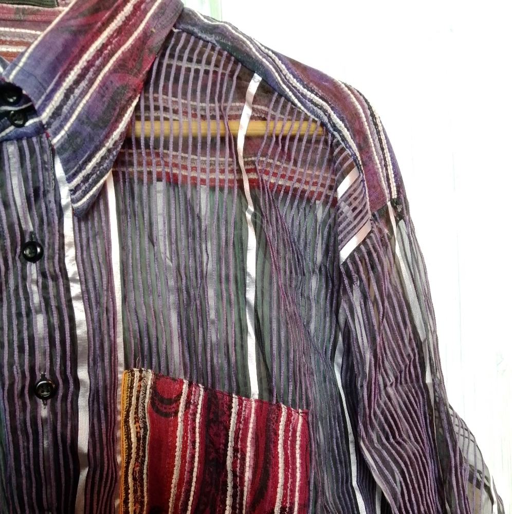 James Lord James Lord vertical striped sheer breezy button down shirt purple 2x - Picture 5 of 8